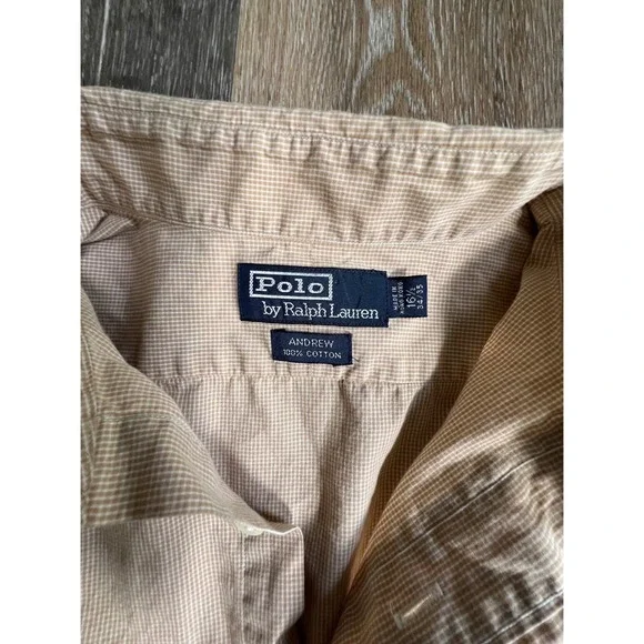 Polo Ralph Lauren Button Down Mens 16.5 Tan Excellent Andrew Micro Check Shirt - Picture 2 of 6